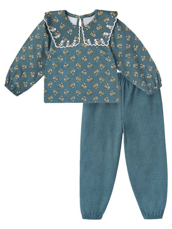 by Gerber Baby and Toddler Girl Collar Top and Pant Set, 2-Piece, Sizes 0/3 Months - 5T
