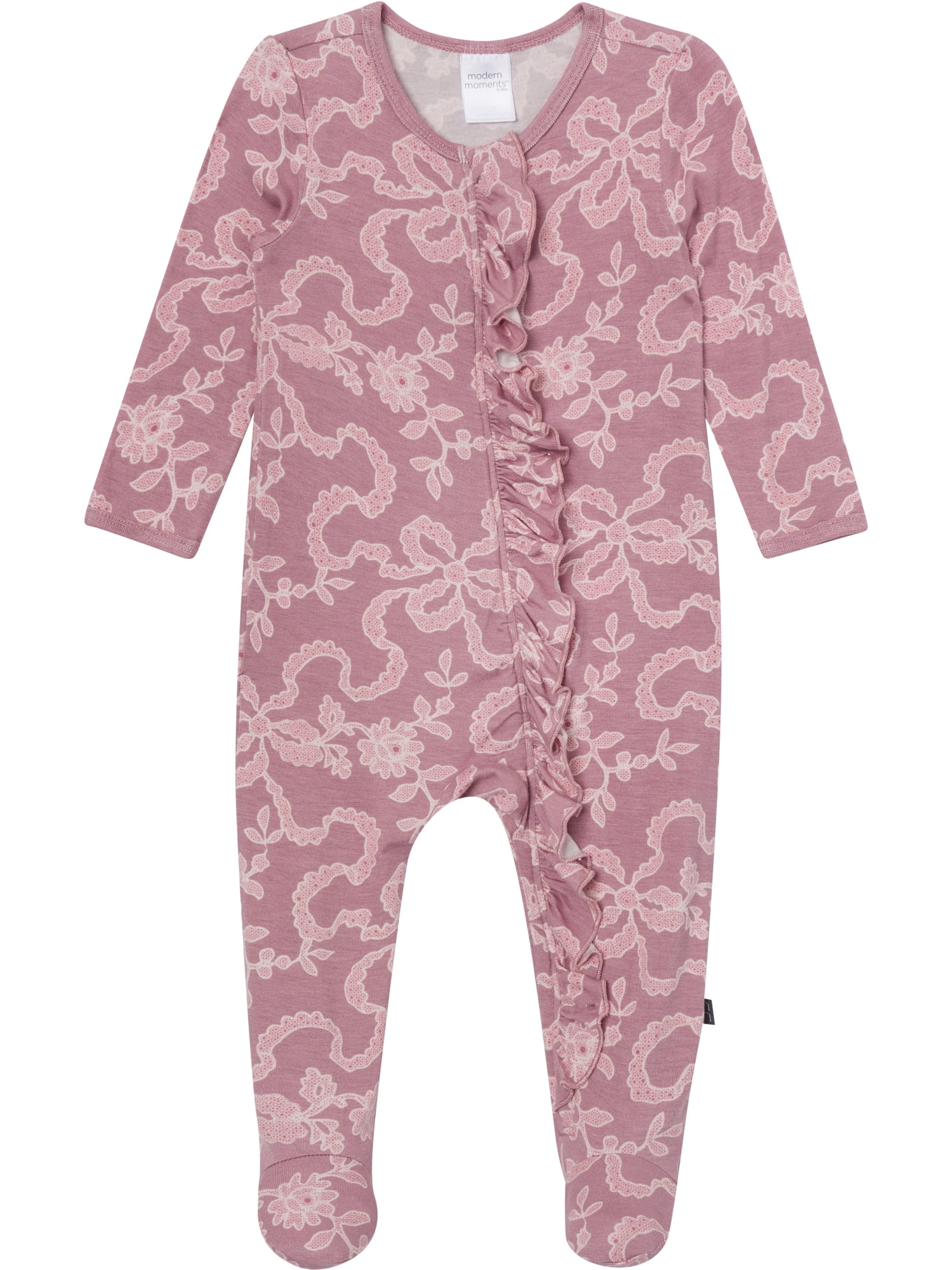 Modern Moments by Gerber Neutral Two-Way Zip Viscose Ruffled Sleep ´N Play Footed Pajamas, Sizes Newborn - 6/9 Months