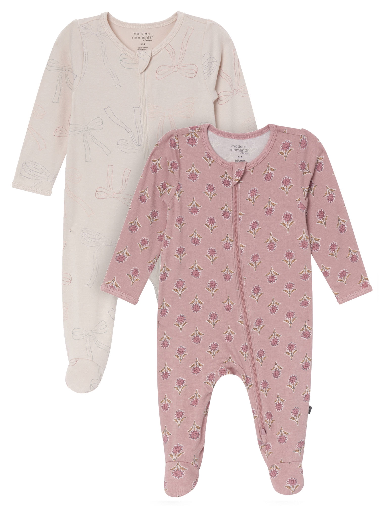 Modern Moments by Gerber Neutral Two-Way Zip Viscose Sleep ´N Play Footed Pajama, 2-Pack, Sizes Newborn - 24 Months