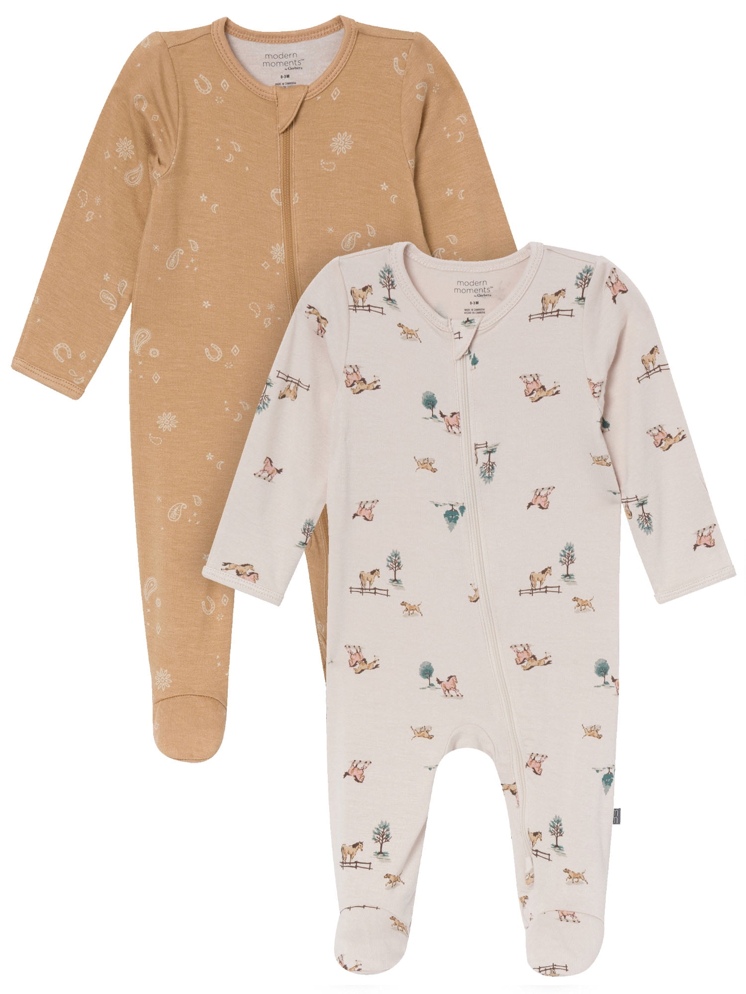 Modern Moments by Gerber Neutral Two-Way Zip Viscose Sleep ´N Play Footed Pajama, 2-Pack, Sizes Newborn - 24 Months