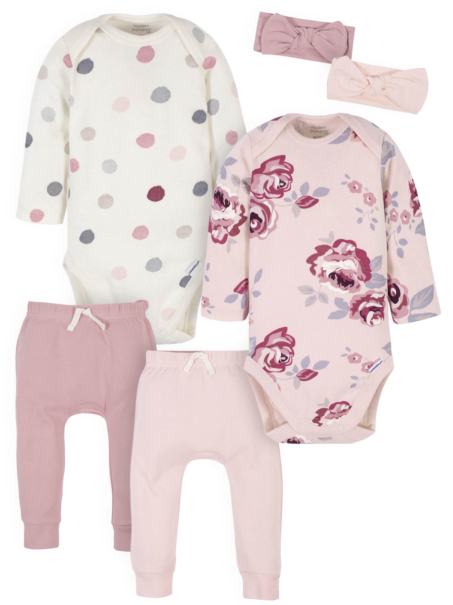 Modern Moments by Gerber Newborn Baby Girl Long Sleeve Bodysuit & Pant Outfit Sets, 6-Piece (Newborn-12 Months) - image 1 of 15