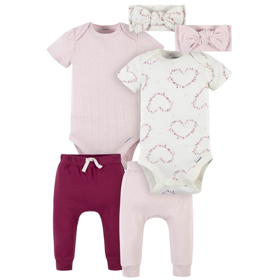 Modern Moments by Gerber Newborn Baby Girl Short Sleeve Bodysuit & Pant Outfit Sets, 6-Piece, Newborn-12 Months
