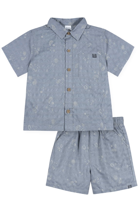 by Gerber Toddler Boy Button Front Shirt and Short Outfit Set, 2-Piece, Sizes 12 Months - 5T