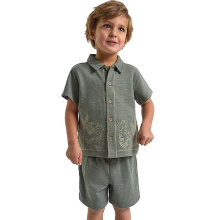 Modern Moments by Gerber Toddler Boy Button Front Shirt with Embroidery Set, 2-Piece, Sizes 12 Months - 5T