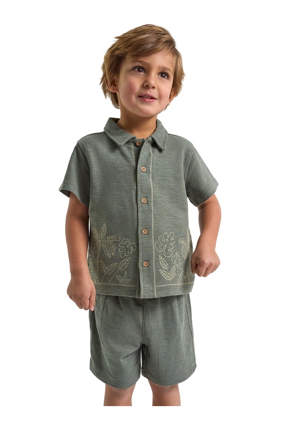 by Gerber Toddler Boy Button Front Shirt with Embroidery Set, 2-Piece, Sizes 12 Months - 5T