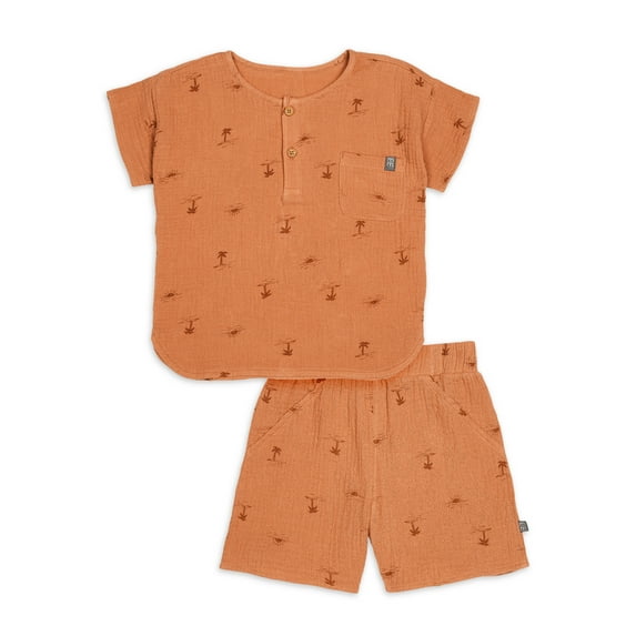 Modern Moments by Gerber Toddler Boy Casual Gauze Henley Tee and Short Set, Sizes 12M-5T
