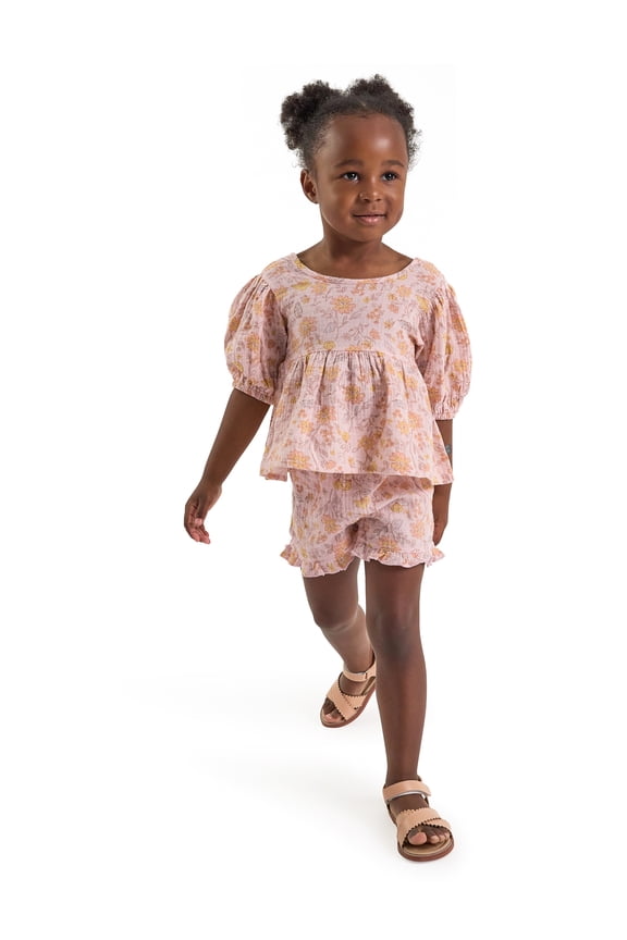 by Gerber Toddler Girl Top and Short Outfit Set with Crossback Detail, 2-Piece, Sizes 12 Months - 5T