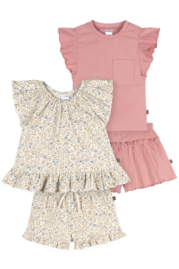by Gerber Toddler Girl Organic Top and Short Outfit Sets, 4-Piece, Sizes 12 Monts - 5T