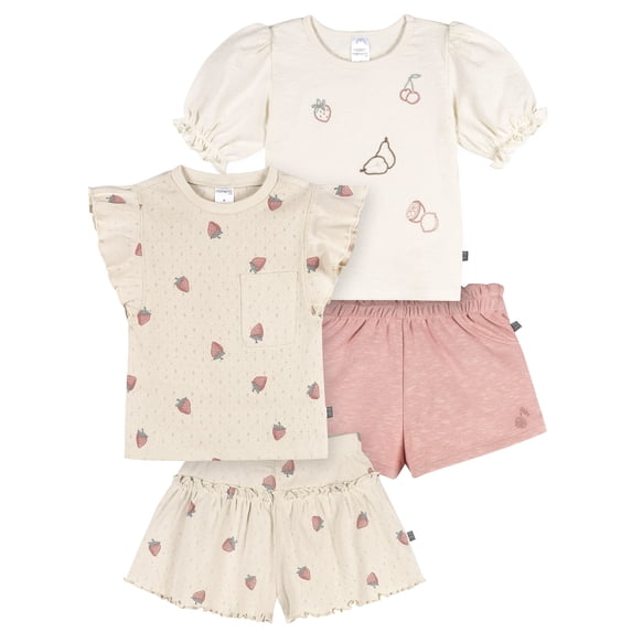 Modern Moments by Gerber Toddler Girl Organic Top and Short Outfit Sets, 4-Piece, Sizes 12 Monts - 5T