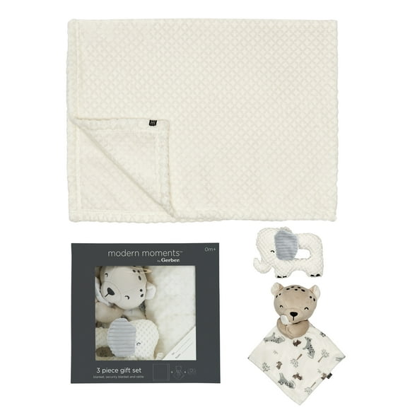 Modern Moments by Gerber Unisex Plush Blanket, Security Blanket & Rattle, 3-Piece Infant Gift Set