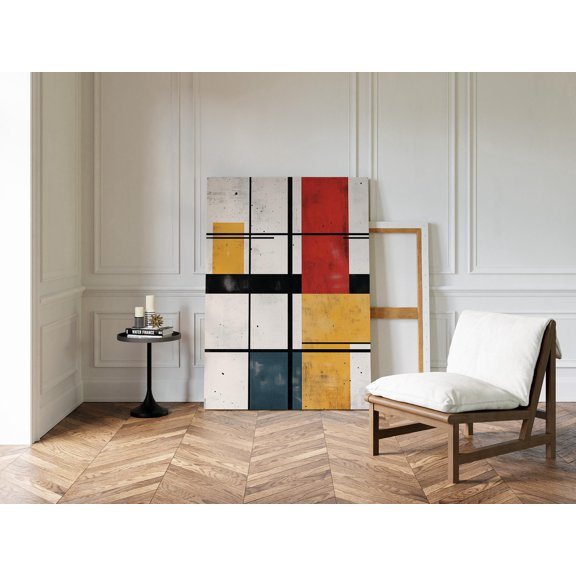 Modern Mondrian Style Geometric Poster Wall Art Red Yellow Blue Blocks With Bold Grid , Poster Print Only