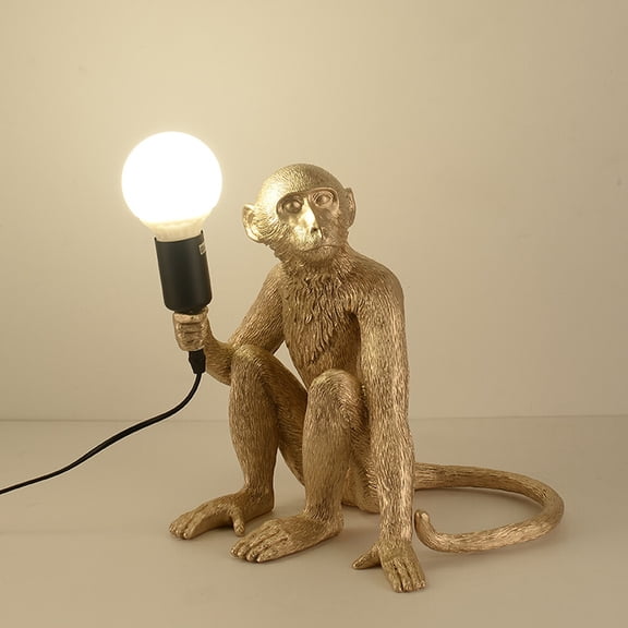 Modern Monkey Sculpture Resin Gold Sitting Monkey Lamp Monkey Home Table Light for Bedroom, Living Room