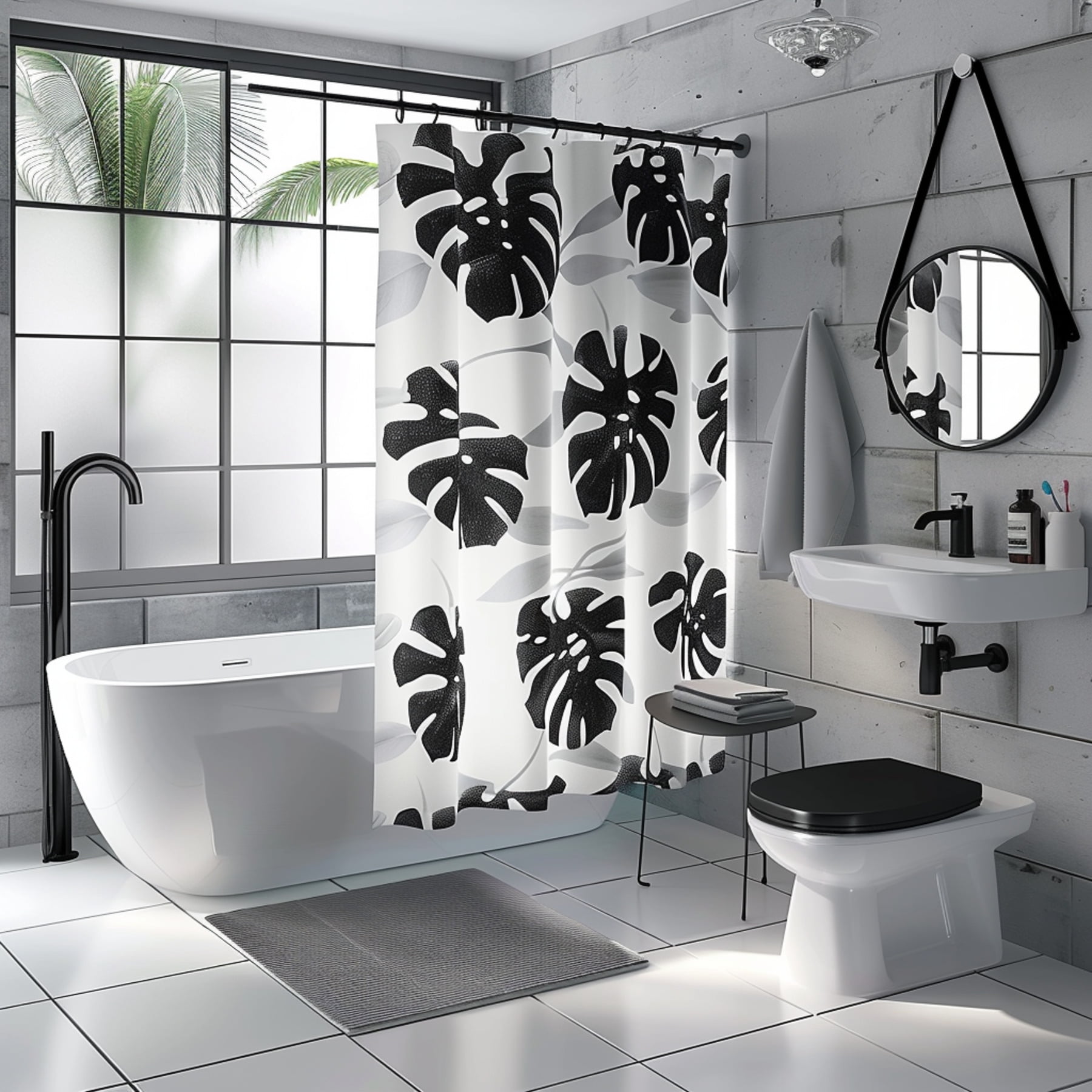 Modern Monstera Leaf Print Bathroom Set Black & White Curtain Grey