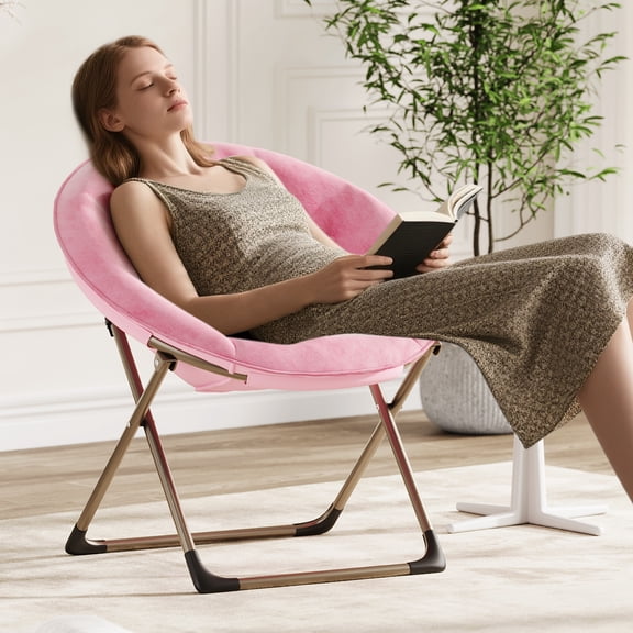 Modern Moon Chair, Faux Fur Saucer Chair with Sturdy Metal Legs, Soft Round Reading Seat Accent Chair for Bedroom Living Room Dressing Area