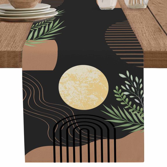 Modern Moon Green Leaves Boho Geometric Table Runner-70 Inch Long Abstract Art Table Runners Linen Burlap Tablerunner for Kitchen Dining Room Holiday Party
