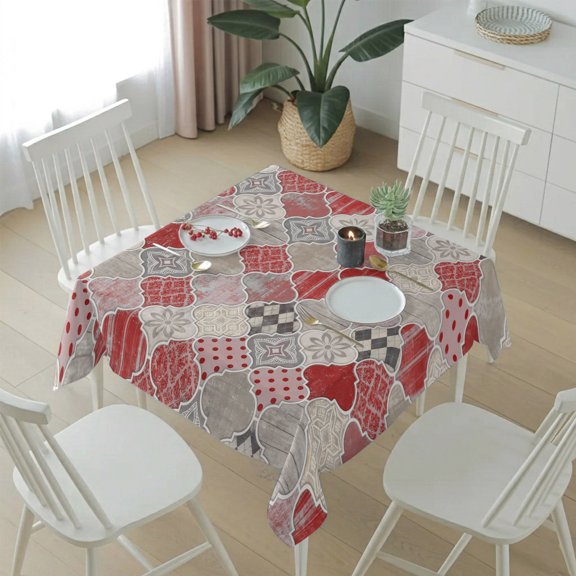 Modern Moroccan Shield Pattern Table Cloth 54x54in, Waterproof Square Tablecloth Wipeable Tablecloths Red Geometric Art Table Covers for Dining Tables Party Indoor Outdoor