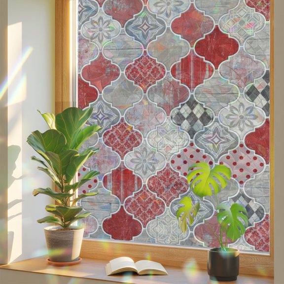 Modern Moroccan Shield Pattern Window Privacy Film, Rainbow Film Decorative Window Sticker 17.7x39.3in, Red Geometric Art Sun Blocking Static Stained Glass Cling Tint Non-Adhesive