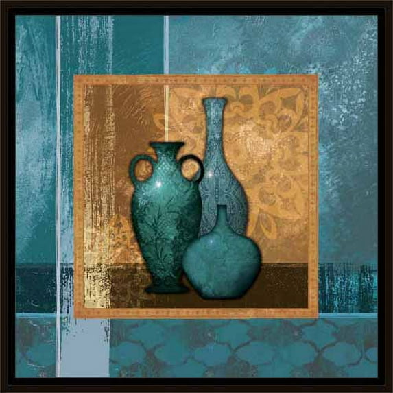 Modern Moroccan Textured Pots Vessels Still Life Painting Blue & Tan, Framed Canvas Art by Pied Piper Creative