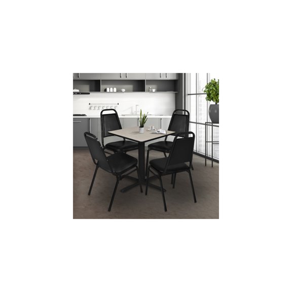 Modern Motifs Square Breakroom Table in Maple Finish with 4 Restaurant Stackable Black Chairs Offering Contemporary Style and Practical Comfort