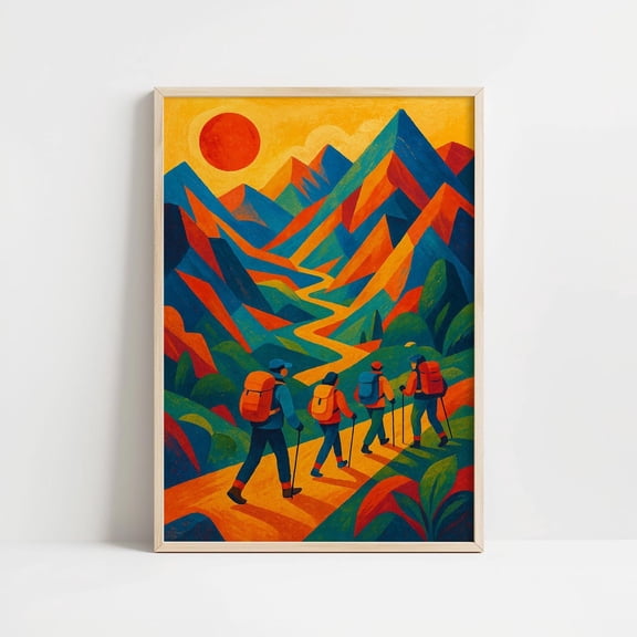 Modern Mountain Landscape Hiker and Sun Adventure Travel, Unframed Paper Print Size 8x12