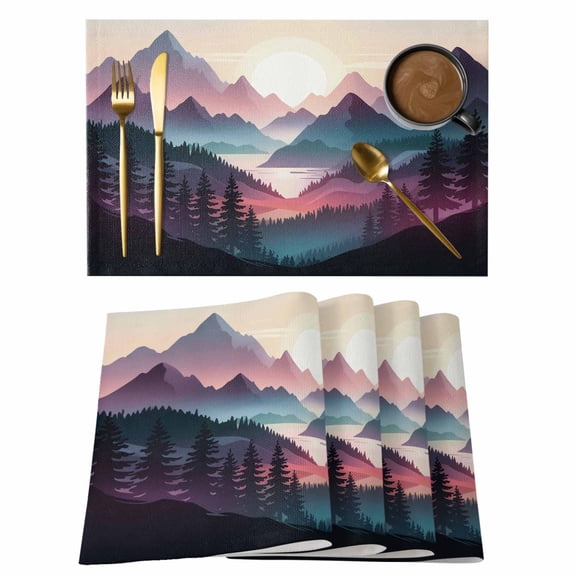 Modern Mountain Sunrise Tree Placemats Set of 6,Wipeable Washable Table Mats for Dining Tables, Forest Natural Landscape Place Mats for Kitchen Event Party Tabletop Decor