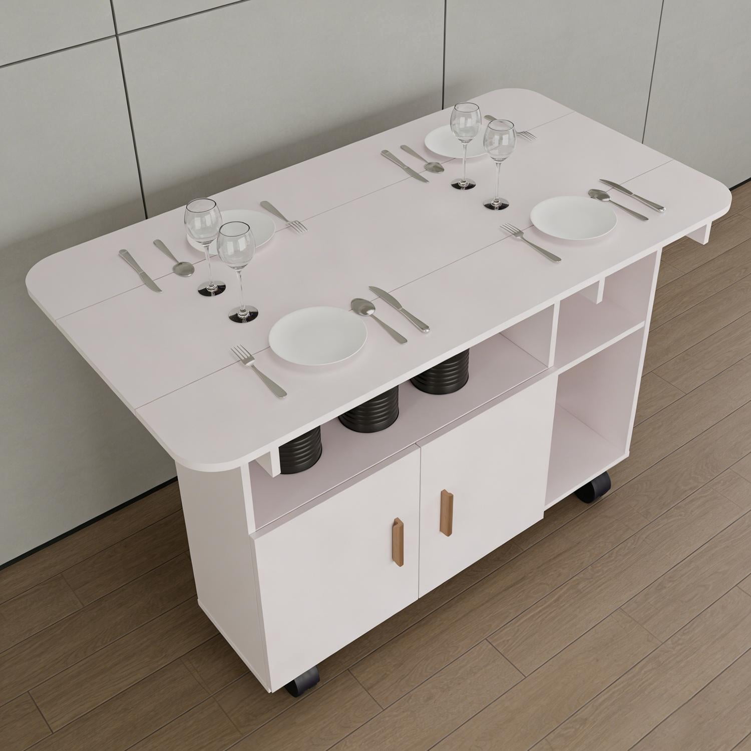 Modern Movable Folding Dining Table for Small Spaces with Drop Leaf and Wheels, White Kitchen Table with Storage Drawer and Workstation for Dining Room Living Room Apartment