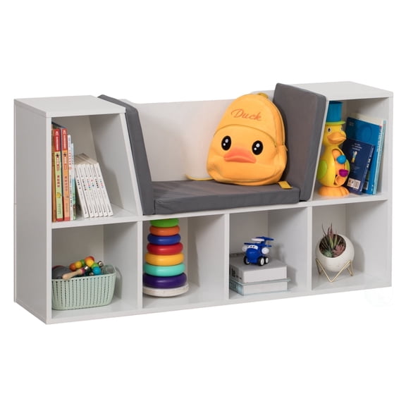 Basicwise Bookshelf with Reading Nook and Storage Bench - 6 Cubbies, 2 Top Shelves, Gray Cushion - Playroom Organization, Toy Storage, Bookcase for Bedroom, Nursery, 44" W x 11" D x 24" H