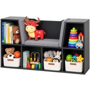 Basicwise Bookshelf with Reading Nook and Storage Bench - 6 Cubbies, 2 Top Shelves, Gray Cushion - Playroom Organization, Toy Storage, Bookcase for Bedroom, Nursery, 44" W x 11" D x 24" H
