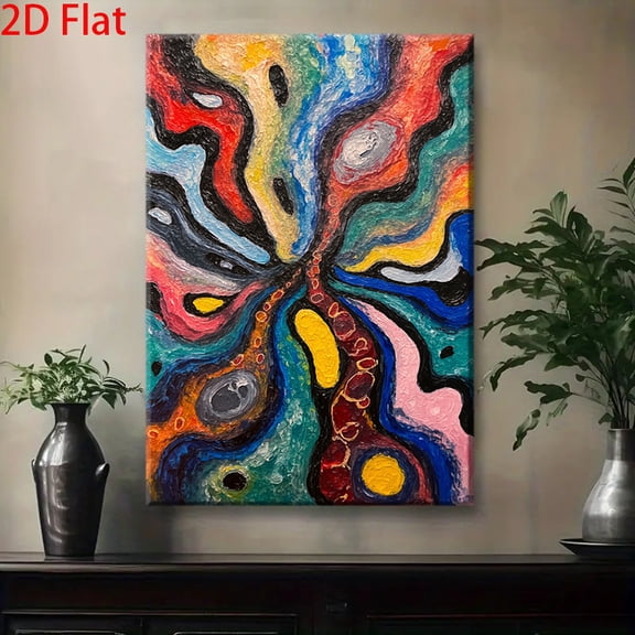 Modern Multicolor Abstract Oil Painting - Textured 2D Wall Art with Turquoise, Pink, Golden, Black, Red, Green, Blue,Modern Multicolor Abstr Yellow Hues - Wrapped Canvas Frame for Living Room, Office