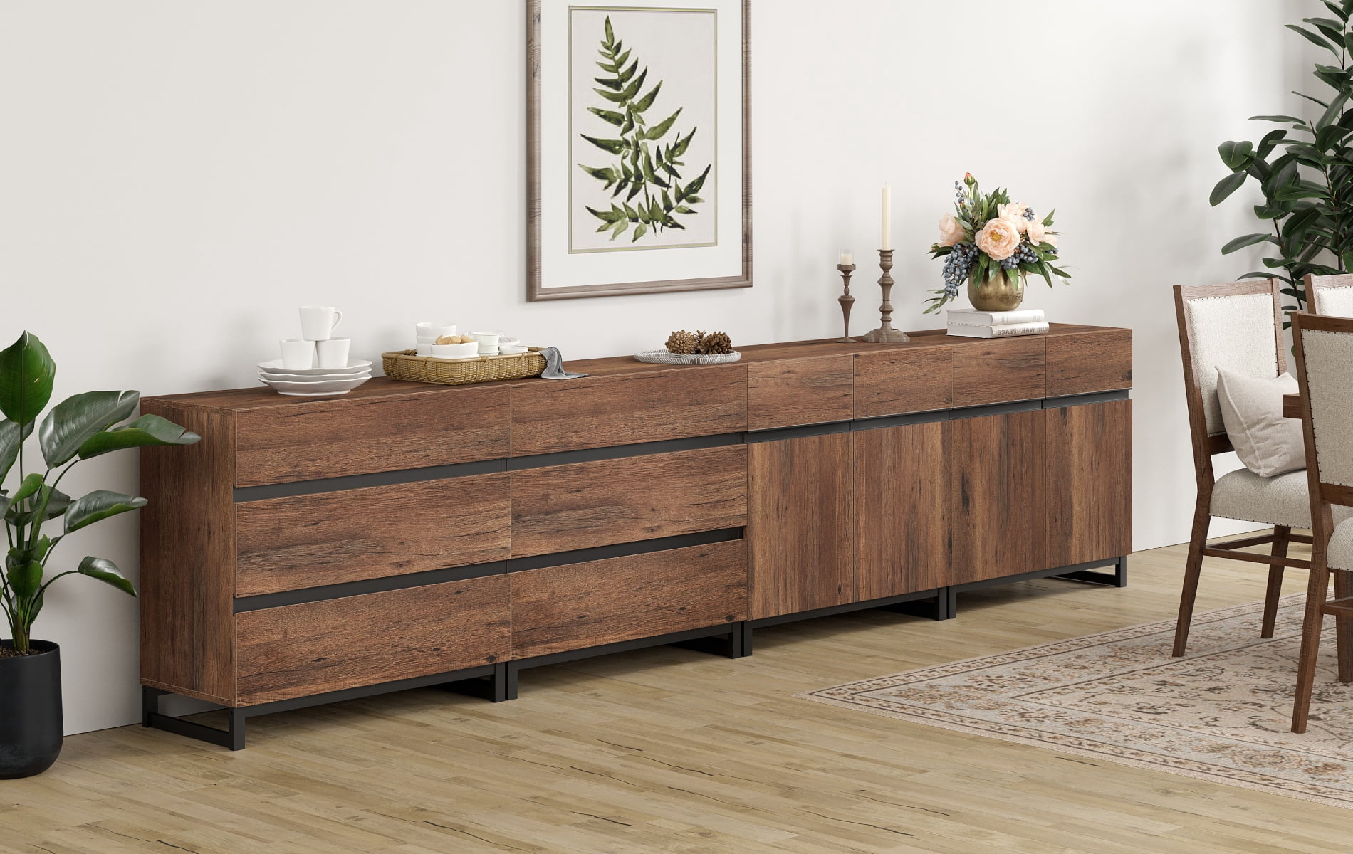 Modern Multifunctional Buffet Sideboard, Storage Cabinet with Hidden Handle & Adjustable Shelves for Home Decor,Brown