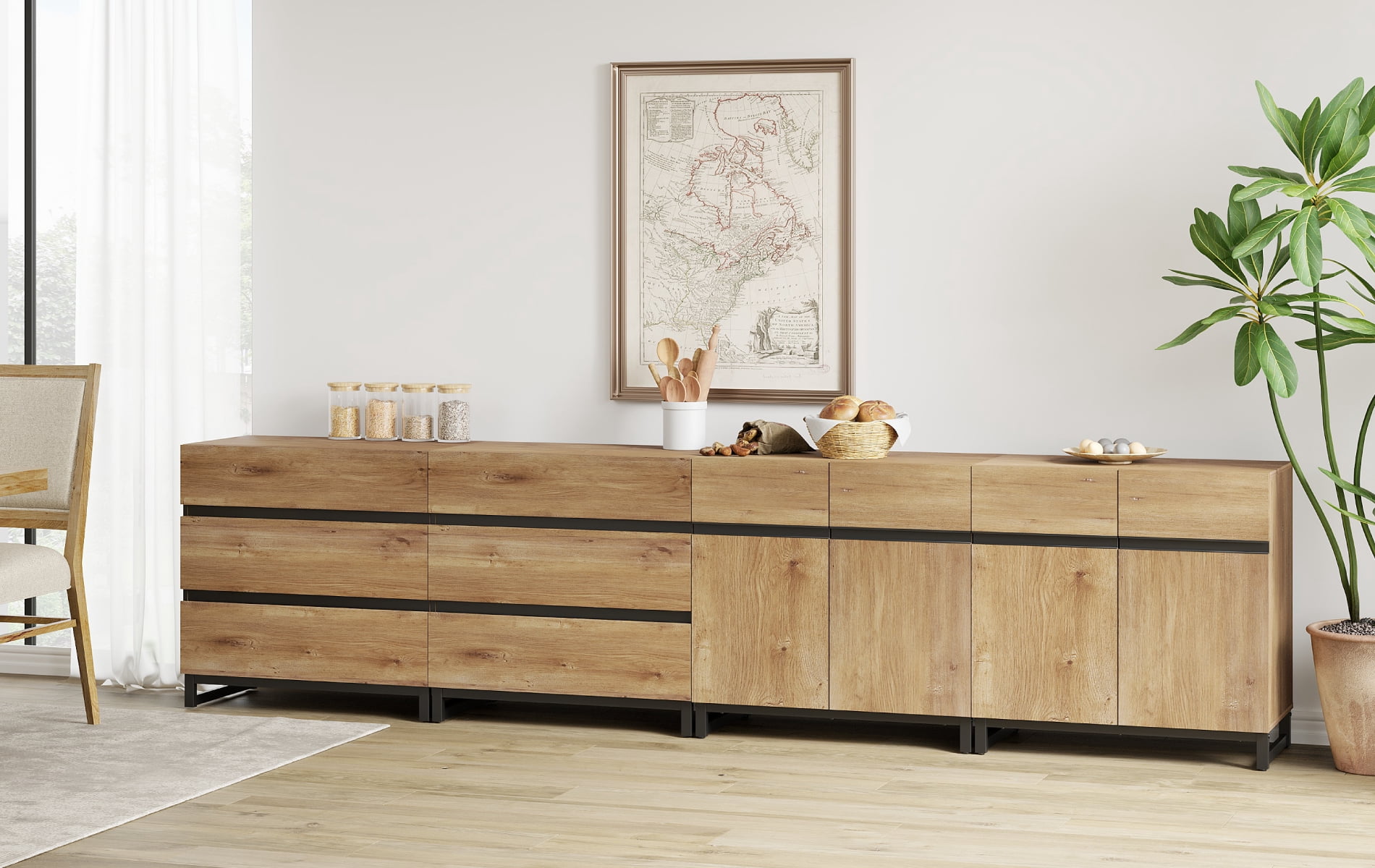 Modern Multifunctional Buffet Sideboard, Storage Cabinet with Hidden Handle & Adjustable Shelves for Home Decor,Oak