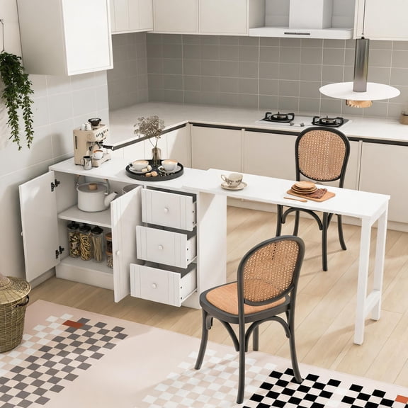 Modern Multifunctional Sideboard Cabinet with Pull-Out Dining Table, Clean White MDF, 89.7 Inches