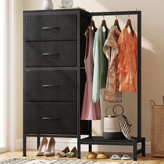 Modern Multipurpose Storage Cabinet with Clothing Rack  Features Four Drawers and Open Hanging Space, Ideal for Organizing Apparel, Accessories, and Footwear in Bedrooms or Entryways,Black