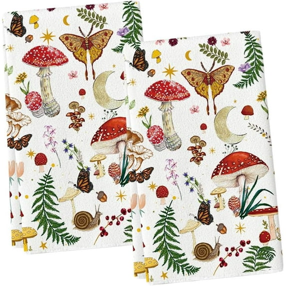 Modern Mushroom Kitchen Towels Dish Towels, 18x26 Inch Cute Botanic Magical Farmhouse Decoration Hand Towels Set of 2