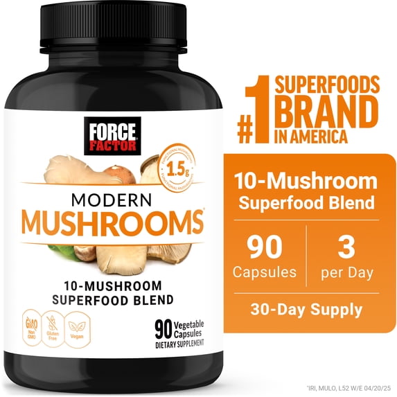 Force Factor Modern Mushrooms, Mushroom Supplement with Lion’s Mane, Cordyceps & Reishi for Energy, Focus, Immune Health & Digestion, 90 Capsules