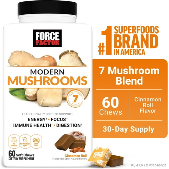 Force Factor Modern Mushrooms, Mushroom Supplement, Lion’s Mane, Cordyceps & Reishi for Energy Support, Focus, Digestion, Cinnamon Roll, 60 Soft Chews