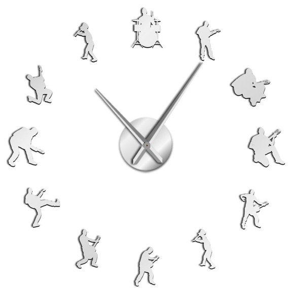 Modern Music Band 3D Mute DIY Wall Clock Drum Set Guitar Player Home Wall Decor Self Adhesive Acrylic Mirror Effect Clock Watch(Silver,27inch)
