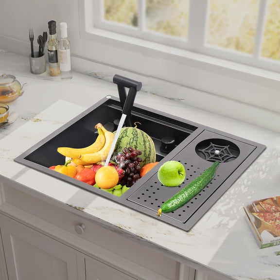 Modern Nano Stainless Steel Bar Sink, Under-Counter & Countertop Mount, 8.66-Inch Depth, 360 Rotatable Faucet, Black, for Kitchens & Bars
