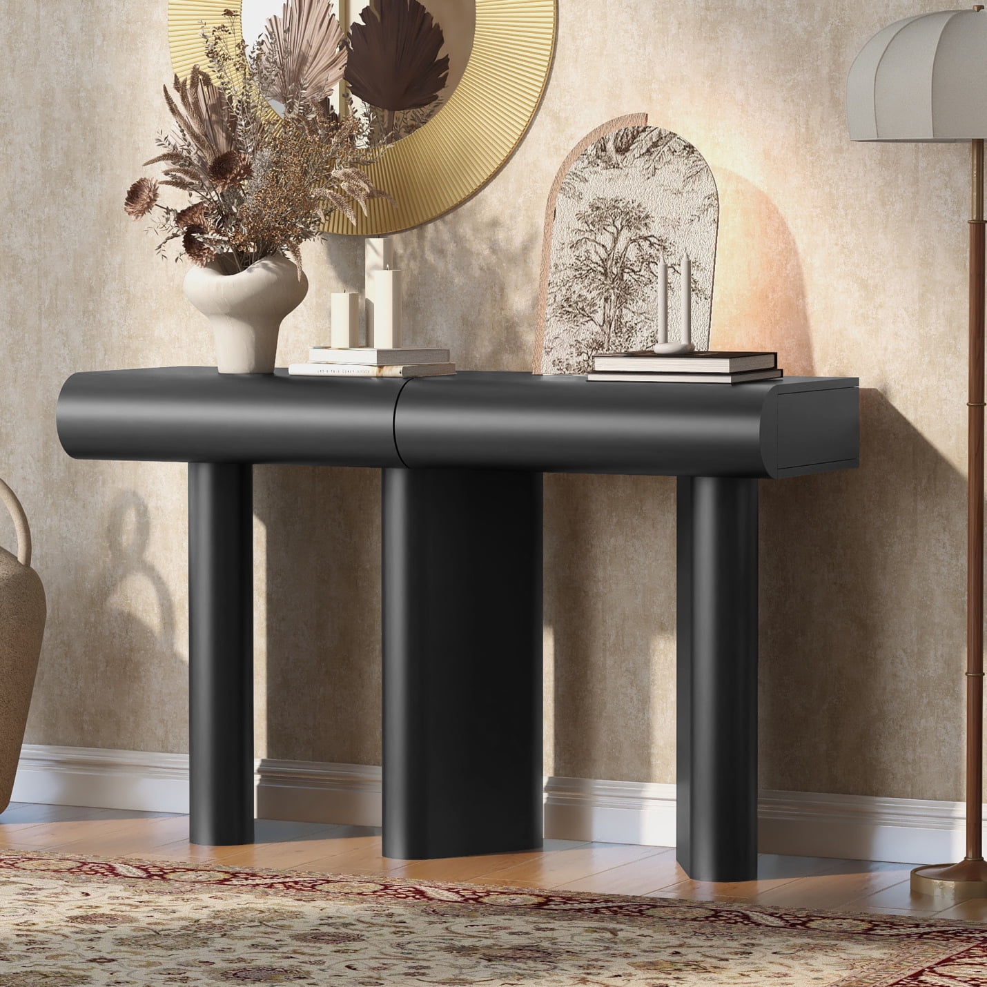 Modern Narrow Console Table with Curved Storage Drawers & Geometric ...