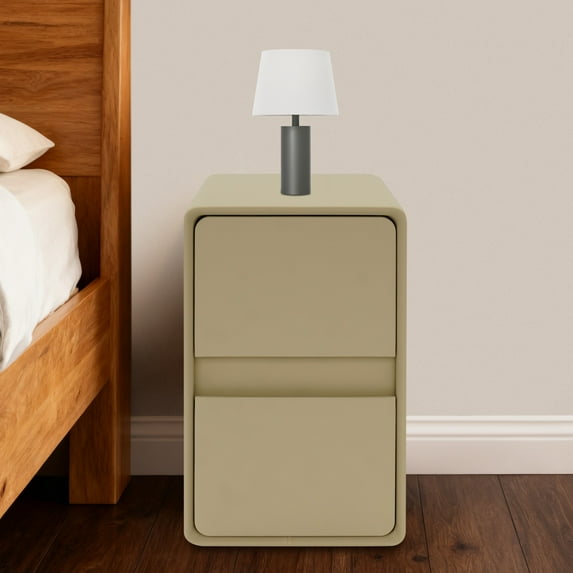 Modern Narrow Nightstand, Bedside Table with 2 Drawers, Slim Bedroom Storage Cabinet for Small Spaces Solid Wood (Khaki)