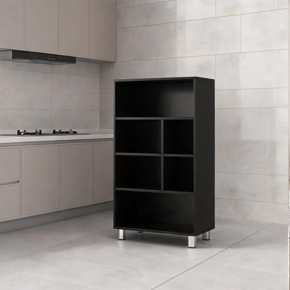 Modern Narrow Vertical 4-Tier Open Storage Bookcase, 40 Inch Tall Particle Board Construction Black-Toned