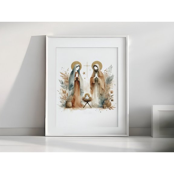 Modern Nativity Scene Poster Faceless Figures Golden Halos, Unframed Paper Poster 8x10in
