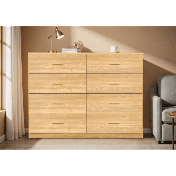 Modern Natural 8-Drawer Dresser for Bedroom - Ample Storage Wide Chest of Drawers, Sturdy & Safe