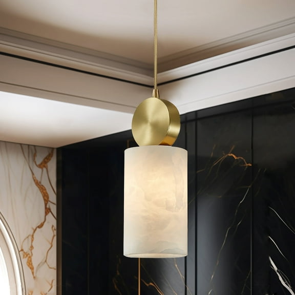 Modern Natural Alabaster Pendant Light , White Marble Gold Brass Cylinder Ceiling Hanging Lamp