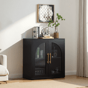 Modern Natural Buffet Sideboard, 31.5" Wide with 2 Arched Glass Doors & 2 Adjustable Shelves, Storage Cabinet for Living Room, Kitchen & Dining Room