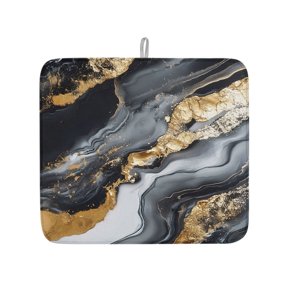 Modern Natural Marble Stone Dish Drying Mats for Kitchen Counter,Absorbent Microfiber Dish Drainer Rack Mat Black Gold Stripe Ombre Art Drying Pad for Sinks,Utensils,Countertops,16x18in