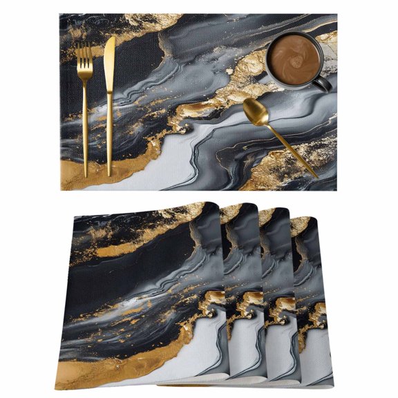 Modern Natural Marble Stone Placemats Set of 6,Wipeable Washable Table Mats for Dining Tables, Black Gold Stripe Ombre Art Place Mats for Kitchen Event Party Tabletop Decor