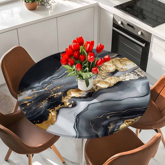 Modern Natural Marble Stone Round Fitted Tablecloth with Elastic Edge,Waterproof Table Cloth Fits Tables Up to 36"-44",Wipeable Table Cover for Indoor Outdoor Dinning,Black Gold Stripe Ombre Art
