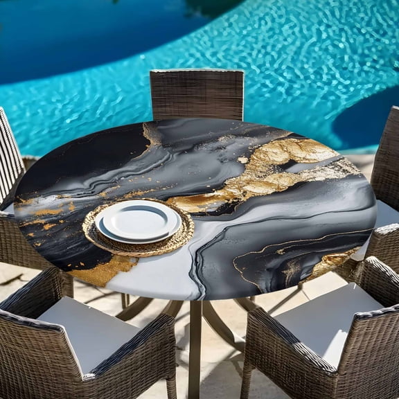Modern Natural Marble Stone Round Fitted Tablecloth with Elastic Edge,Waterproof Table Cloth Fits Tables Up to 45"-54",Wipeable Table Cover for Indoor Outdoor Dinning,Black Gold Stripe Ombre Art