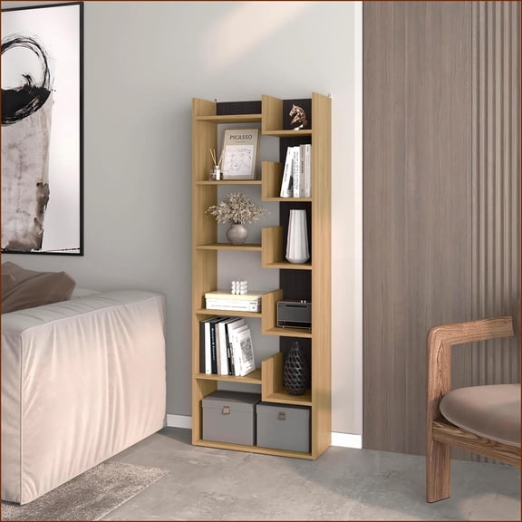Modern Natural Oak Bookcase, 10 Open Shelves, Tall Narrow | Particle Board | Primary Living Space
